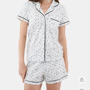 Roller Rabbit and Mackage collab 
Women's Black and White Heart Pajama set